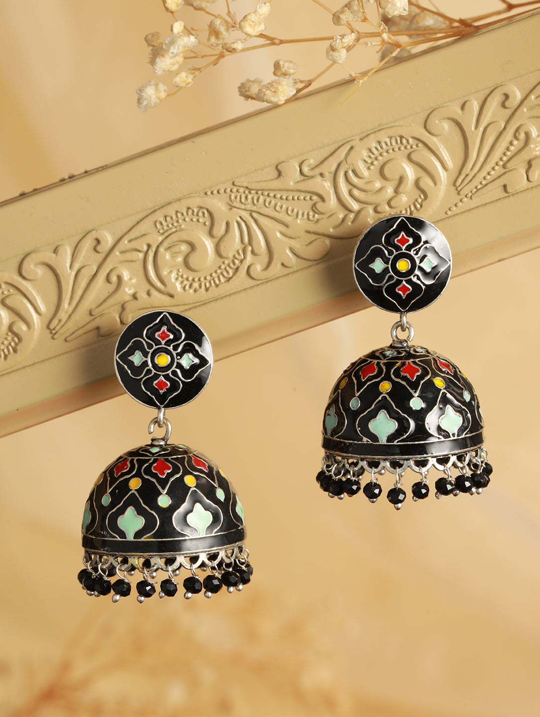 Black Designer Handpainted Jhumka Earrings
