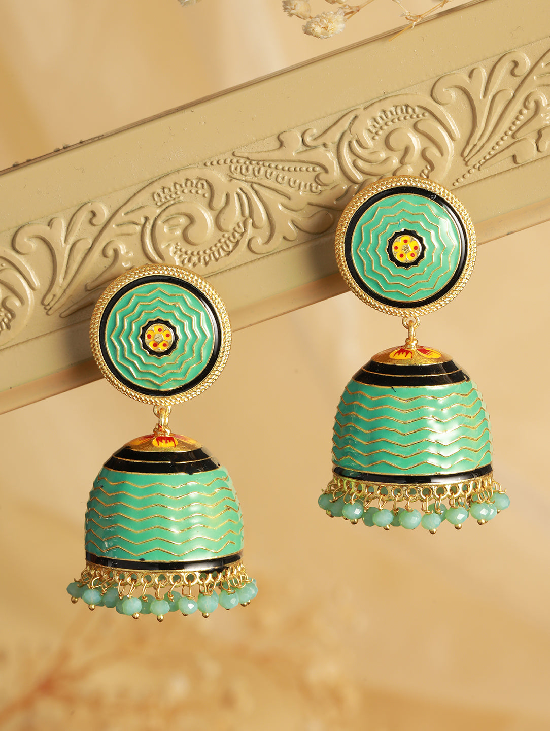 Green Turquoise Handpainted Enamelled Jhumka earrings