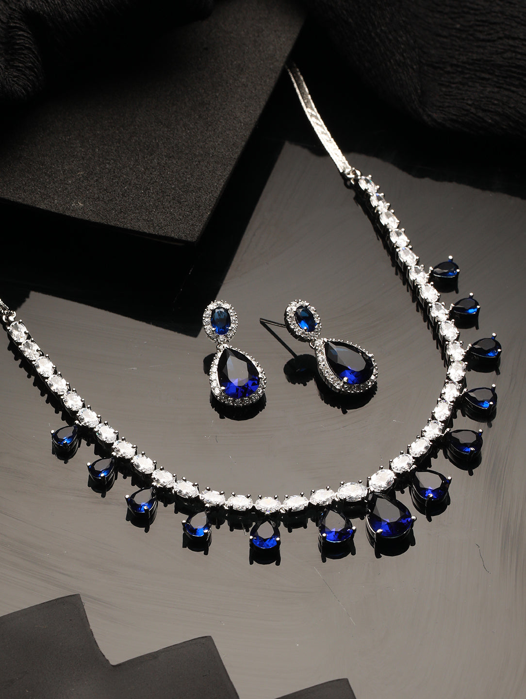 Silver Plated Blue CZ Studded Minimal Luxe Jewellery Set