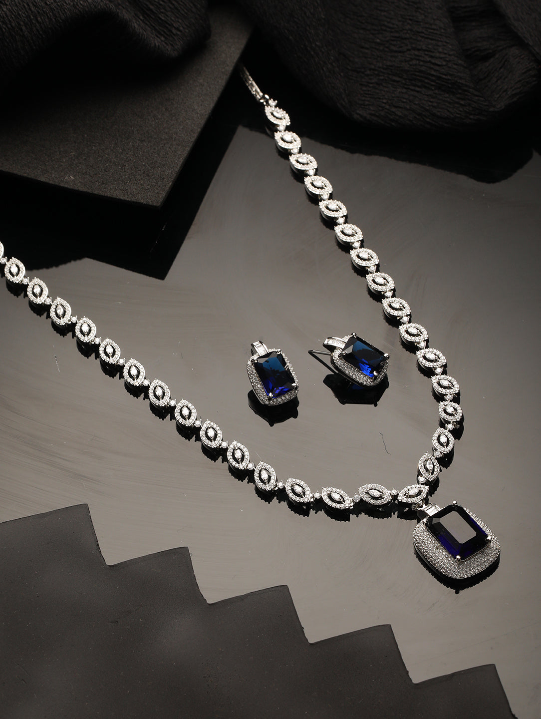 Silver Plated Blue CZ Studded StatementJewellery Set