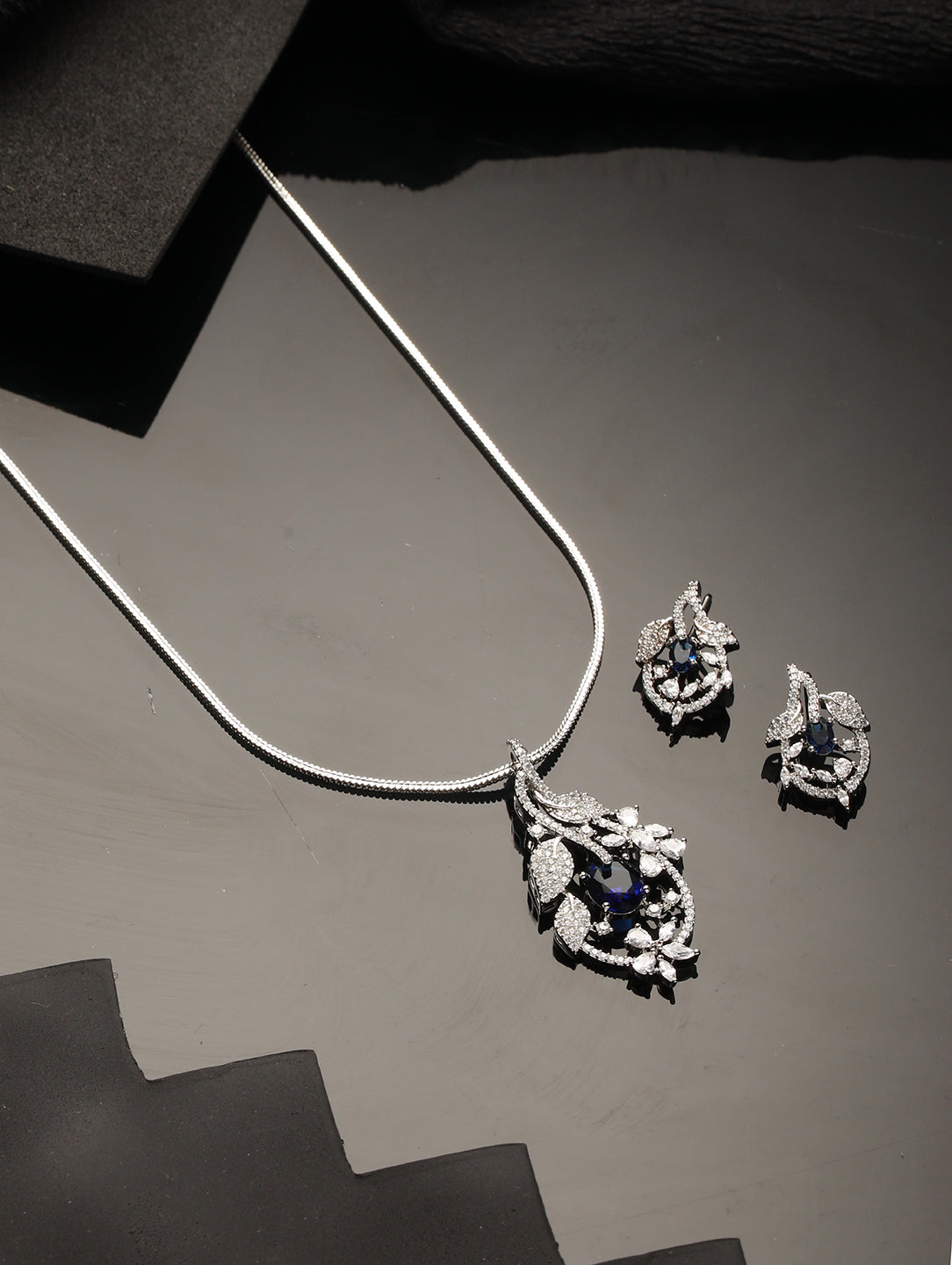 Silver Plated Blue AD Studded Floral Designer Pendant Jewellery Set