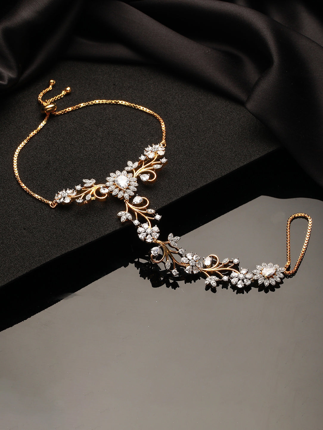 Gold Plated CZ Studded Statement hathphool Ring Bracelet