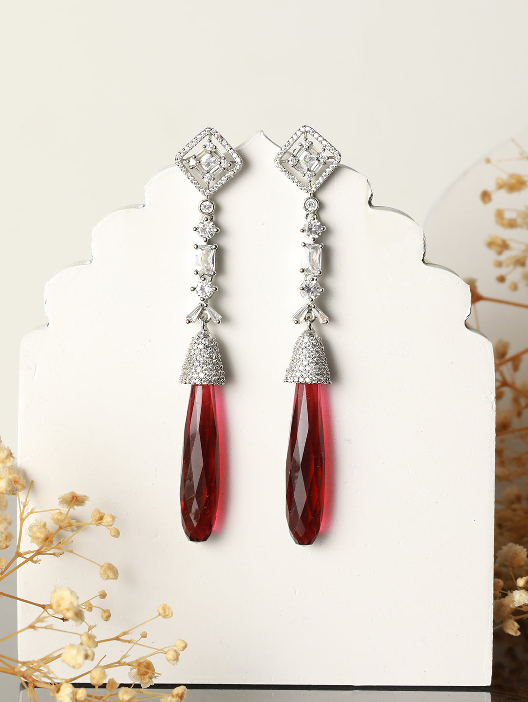 Silver Plated Red AD Studded  Designer Dangler  Earrings