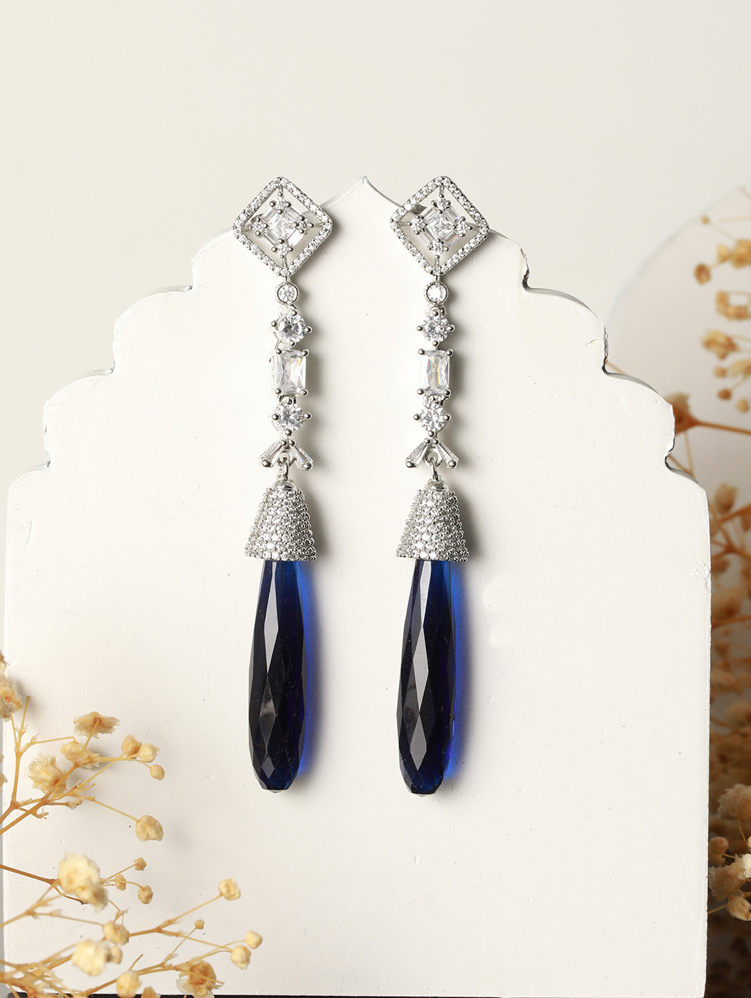 Silver Plated Blue AD Studded Drop statement  Earrings