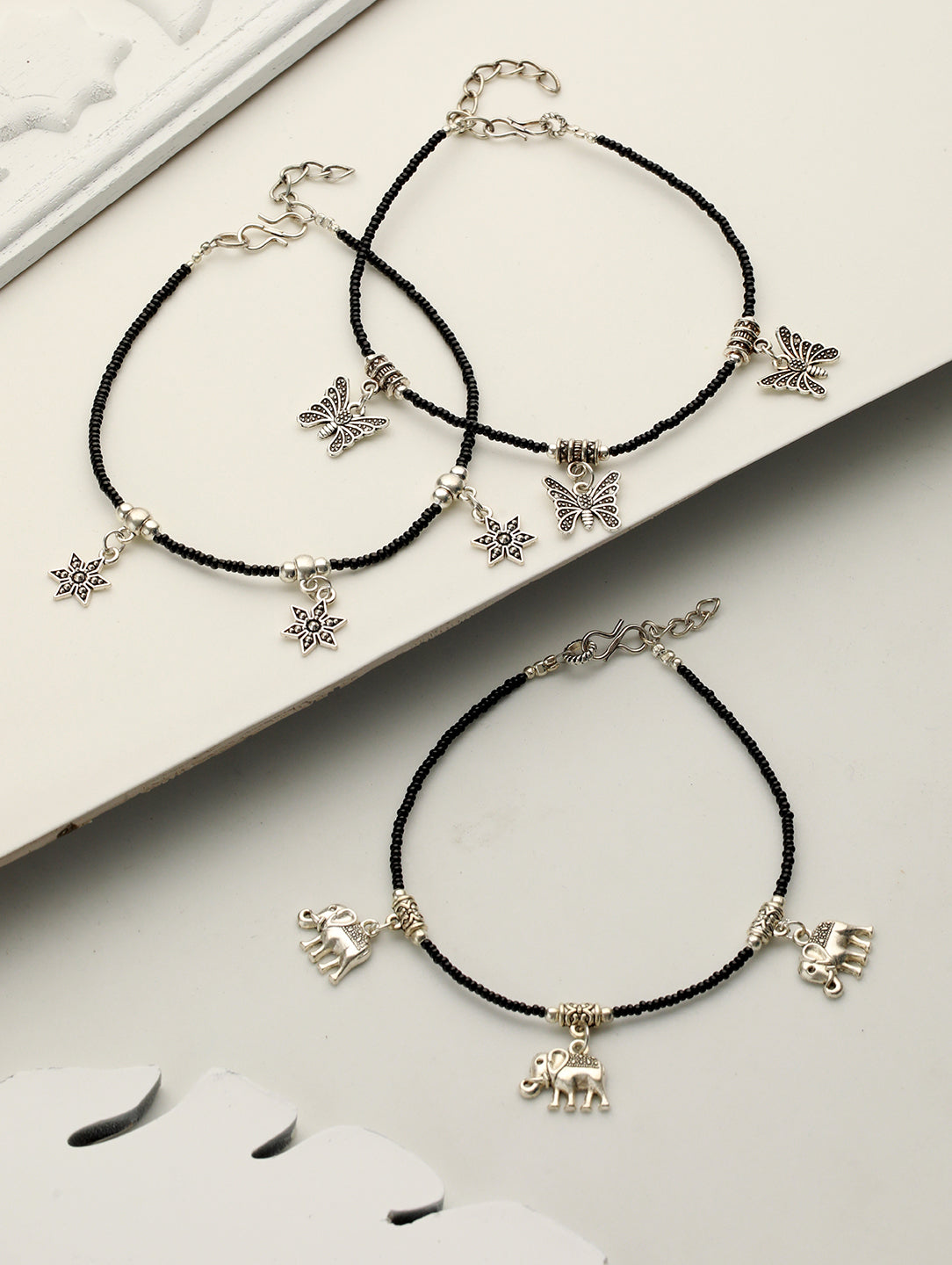 Set Of 3 Oxidised Silver Plated Payal Anklet
