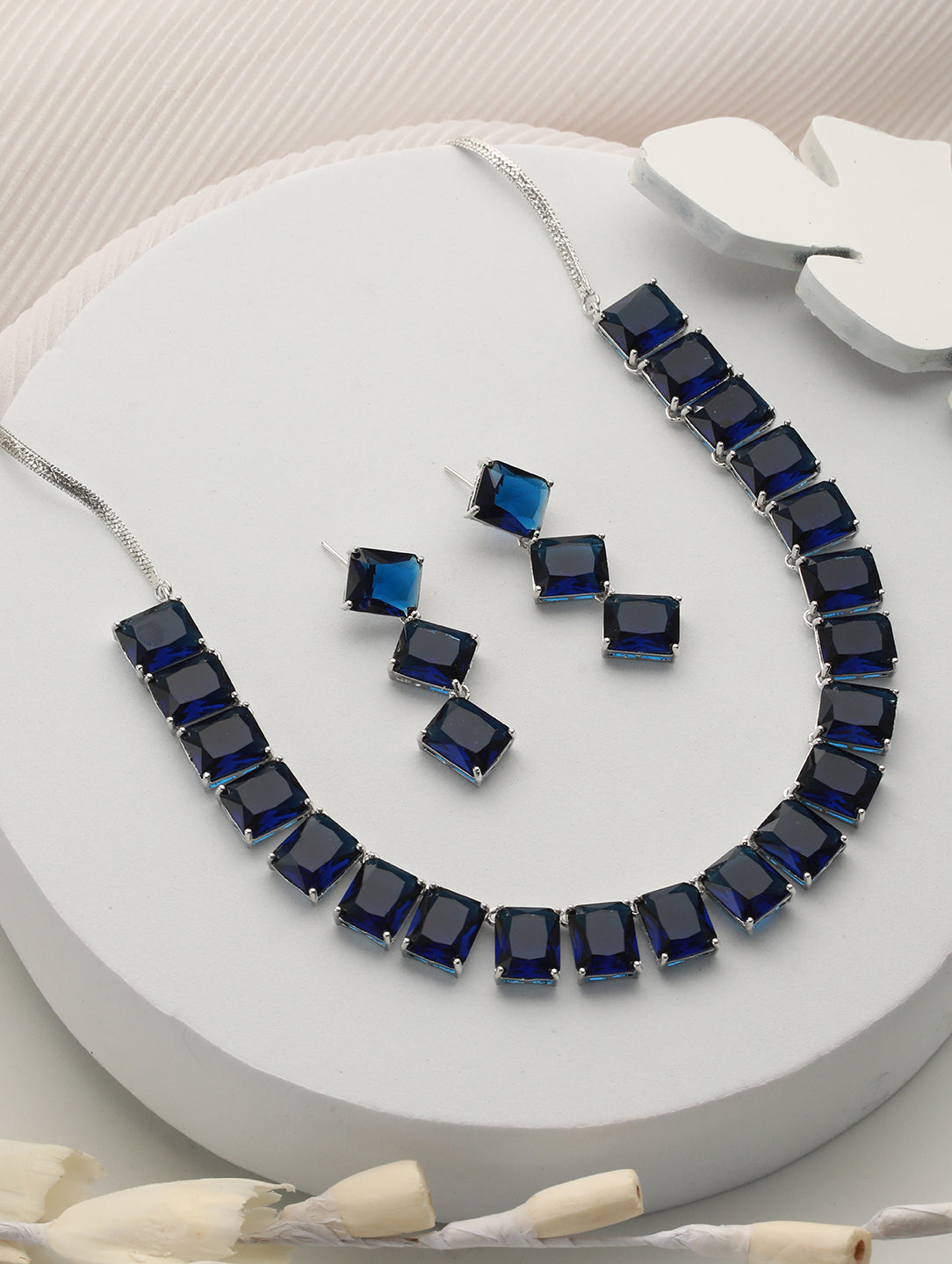 Silver Plated Blue CZ studded Minimal Jewellery Set