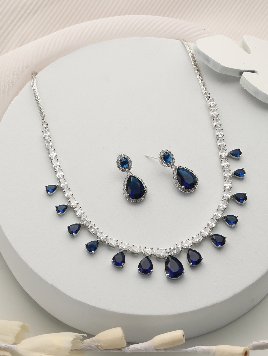 Silver Plated Blue CZ Studded Minimal Luxe Jewellery Set