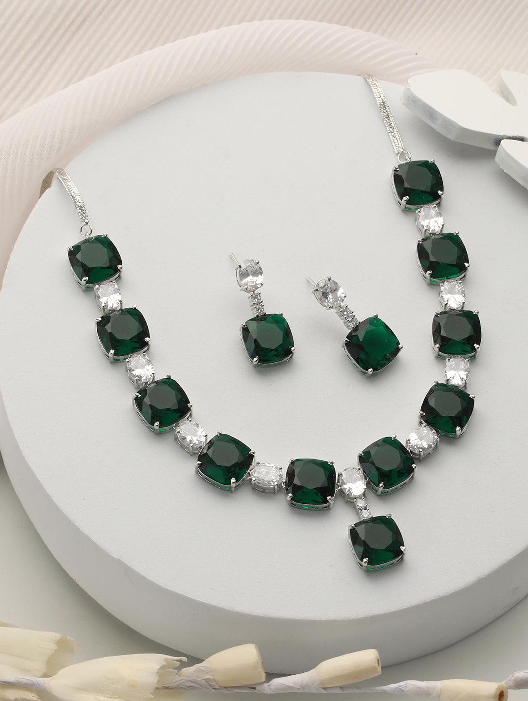 Silver Plated Green CZ Studded Luxe Designer Jewellery Set