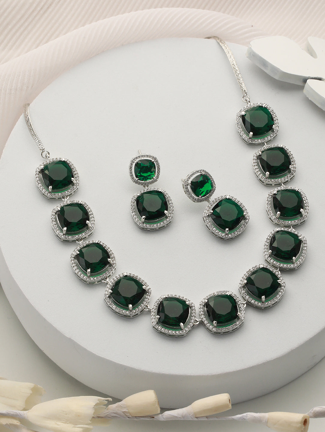 White Rhodium Plated Green CZ Studded Designer Jewellery Set