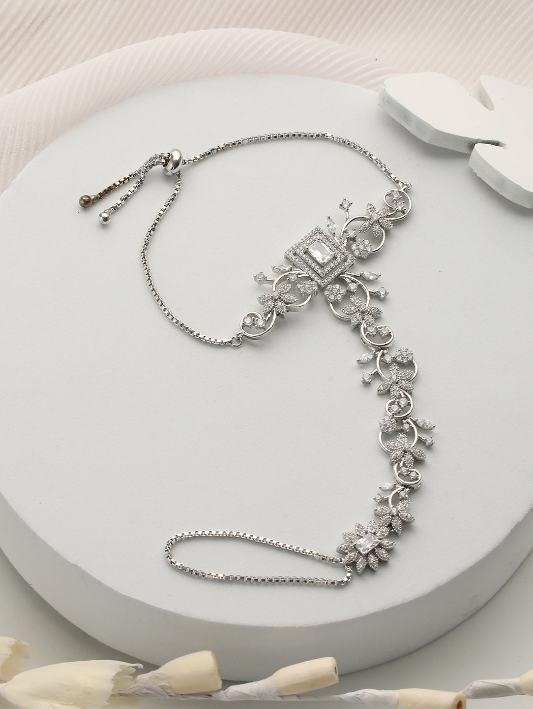 Silver Toned CZ Studded Floral Designer hathphool Ring bracelet