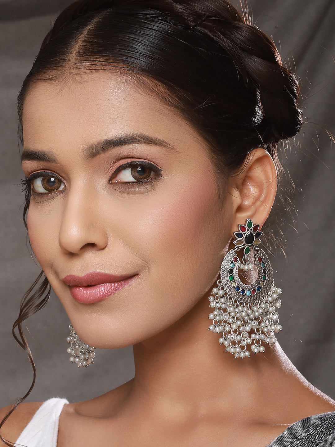 Oxidised Silver Plated Nav Ratan Stoned & Pearl Beaded Chanbali Chandelier Earrings