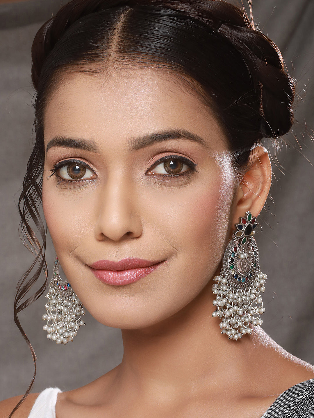 Oxidised Silver Plated Nav Ratan Stoned & Pearl Beaded Chanbali Chandelier Earrings