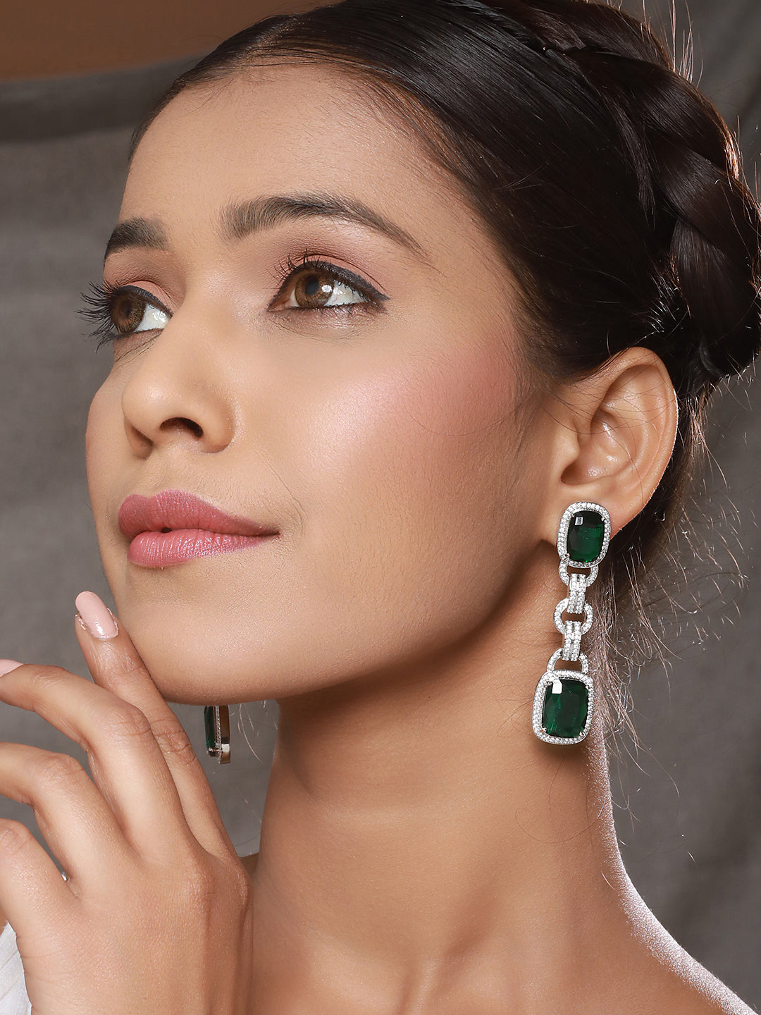 Rhodium Green Zircon Long Dangler Luxe Designer Earrings