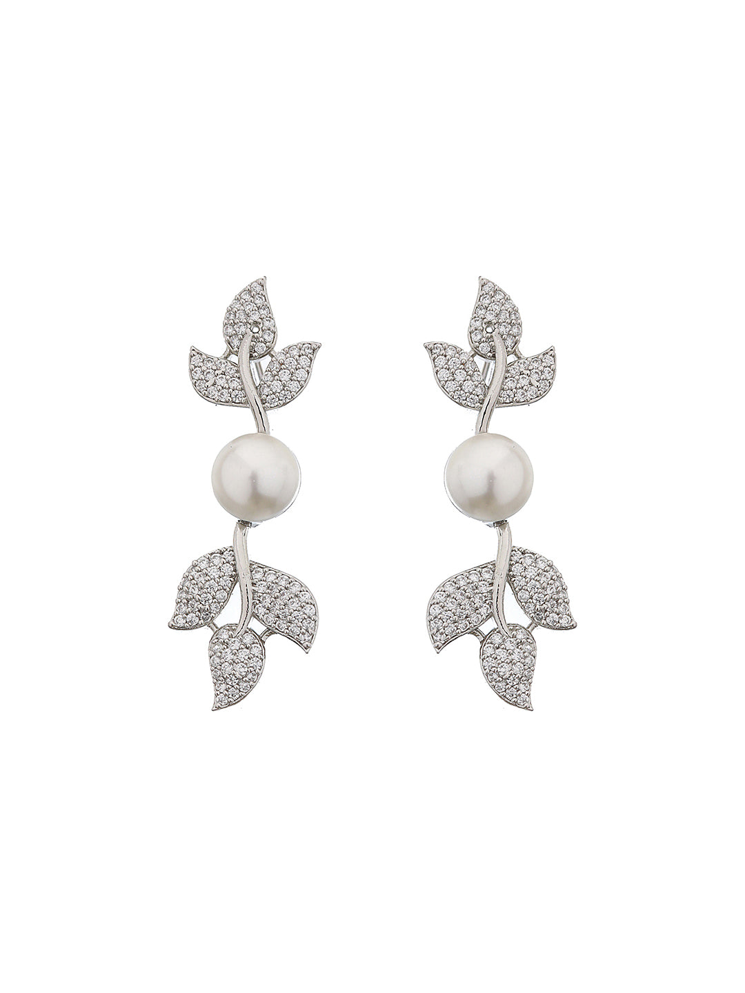 Silver Plated C Z Studded Pearl Floral Statement Jewellery Set
