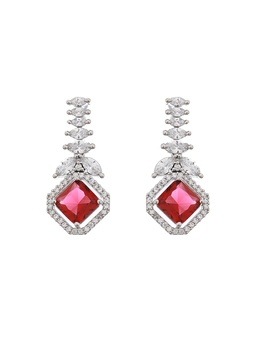 Silver Toned Red CZ Studded Minimal Designer jewellery Set