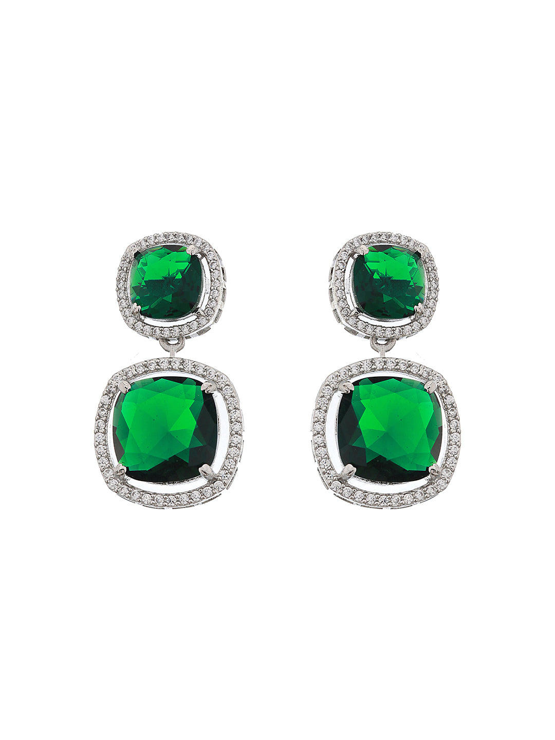 White Rhodium Plated Green CZ Studded Designer Jewellery Set