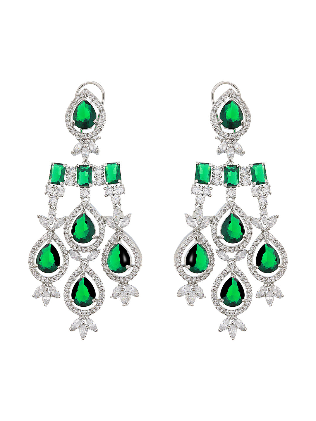 White Rhodium Silver Plated  Green CZ Stone Studded jewellery Set