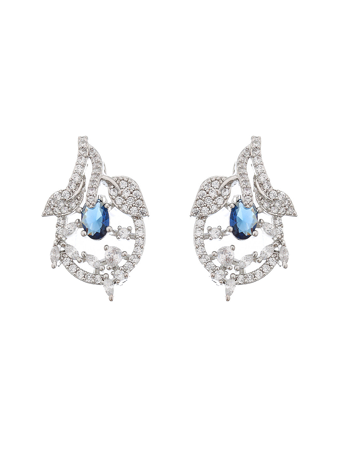 Silver Plated Blue AD Studded Floral Designer Pendant Jewellery Set