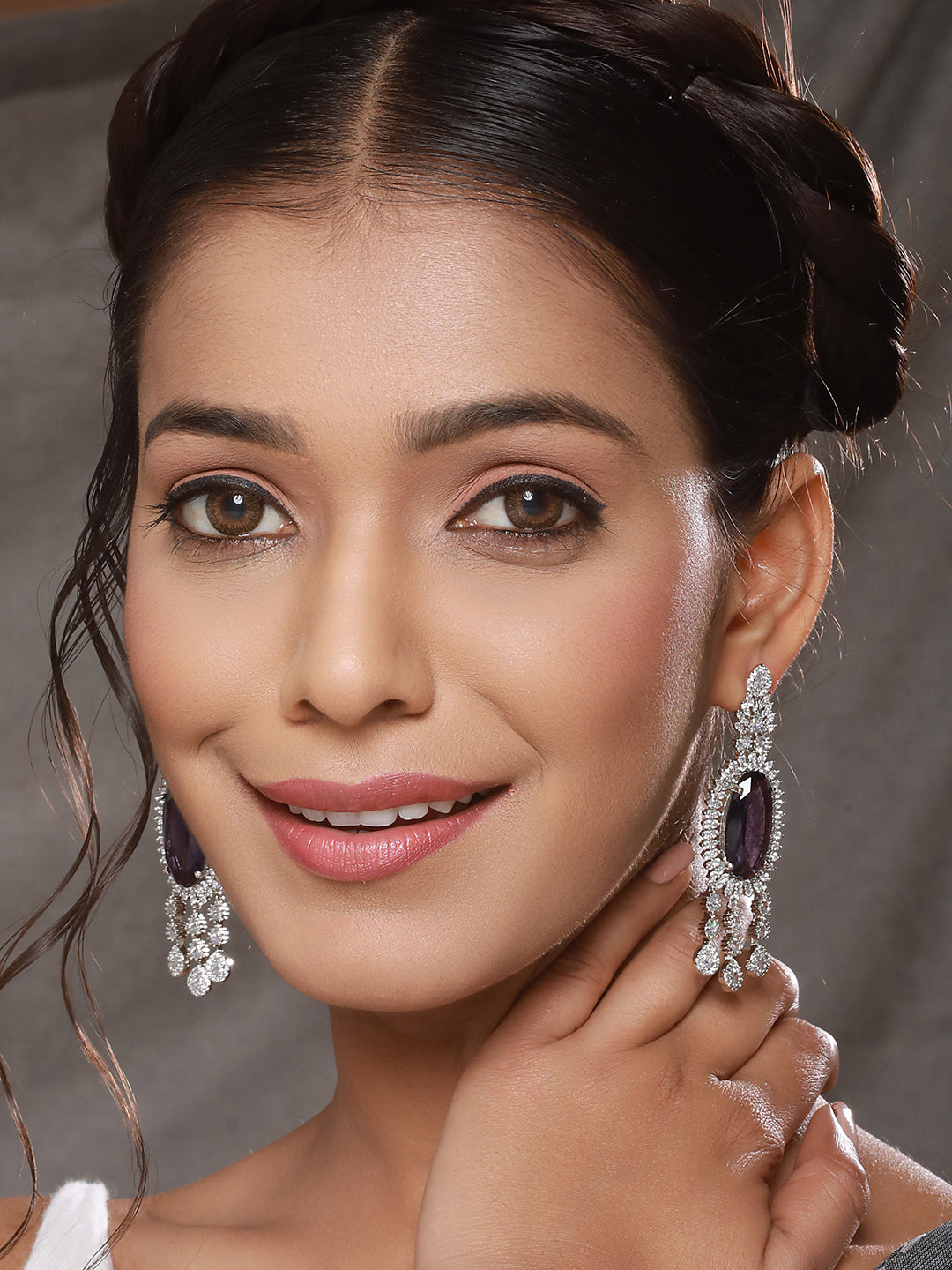 Rhodium Purple Amethyst Cubic Zirconia Luxe Dangler designer Earring