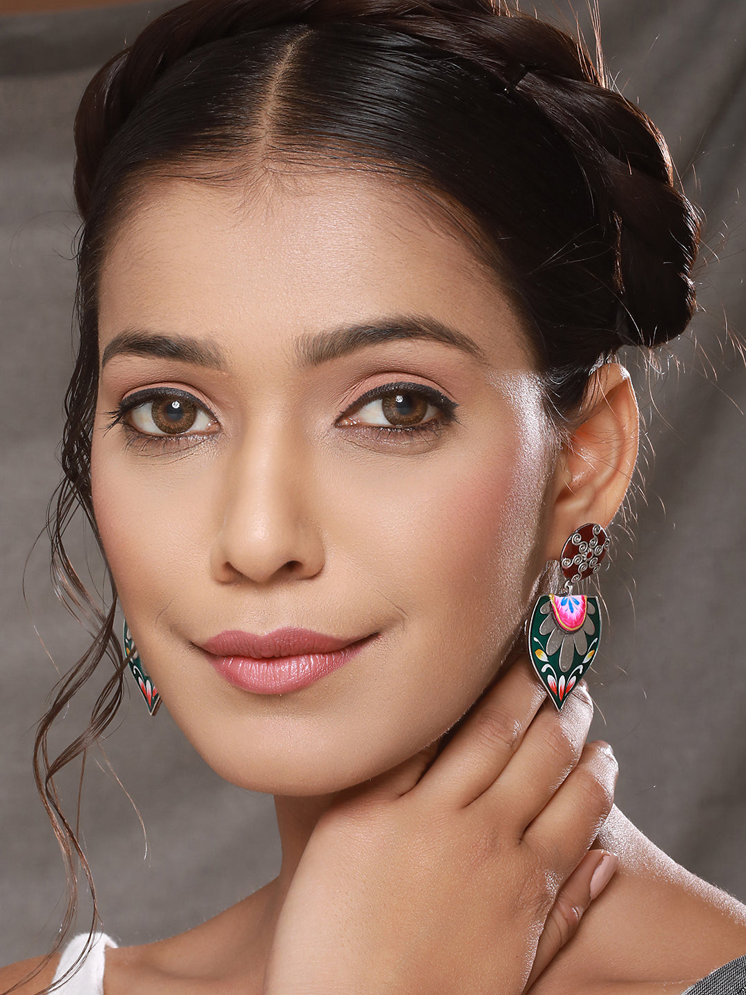 Oxidised Silver Toned Red & Green Handpainted Chandelier Minimal Earring