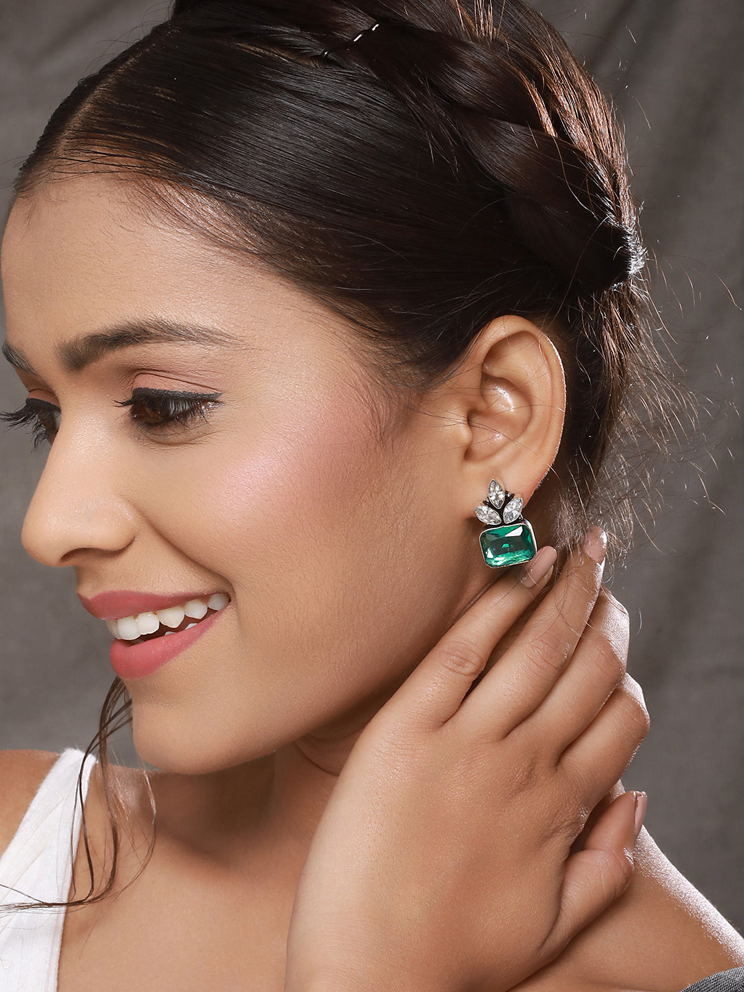 Silver Toned Green Turquoise Minimal Officewear Studds Earrings