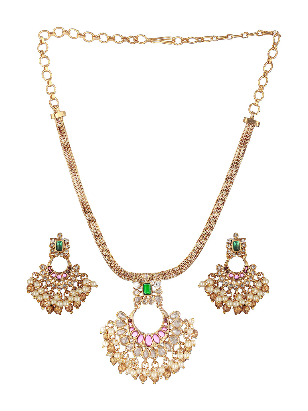 22k Gold Plated Red Kemp Chandbali Chain Necklace  Jewellery Set