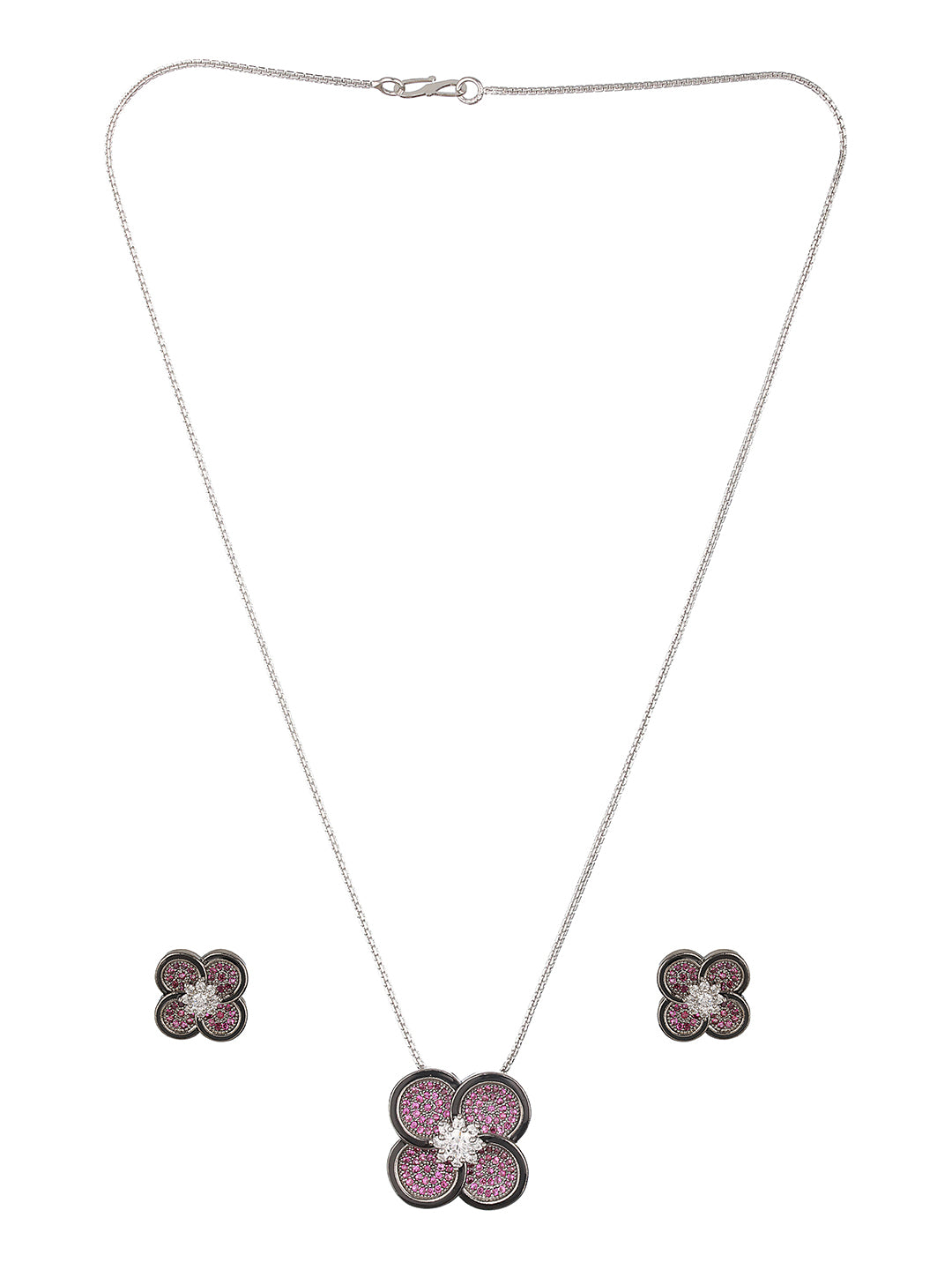 Silver Plated Red AD Studded Floral Designer Locket Jewellery  Set