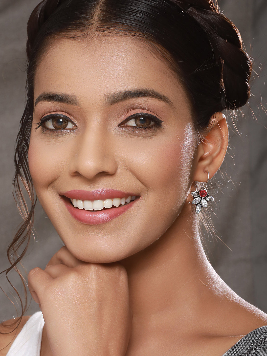 Oxidised Silver Toned Red Garnet Minimal Officewear Fish Hook Earrings