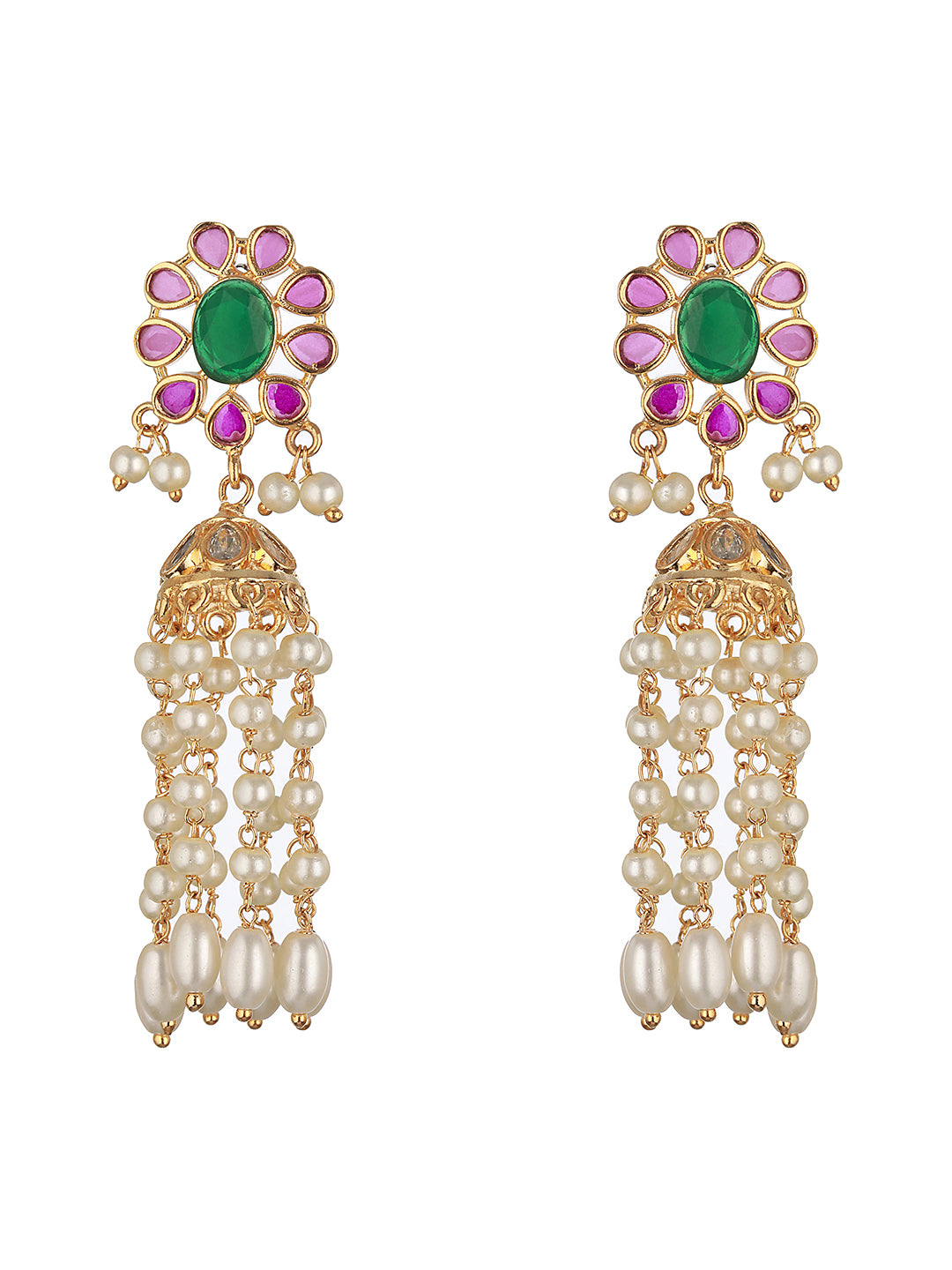 Gold plated Red Green AD Pearl Lightweight Jhumka Earrings