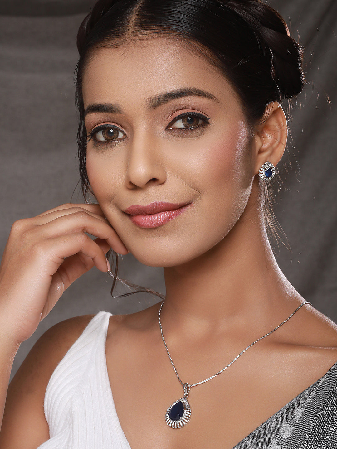 Silver Plated Blue Sapphire Tilak AD studded Pendant Locket Jewellery Set