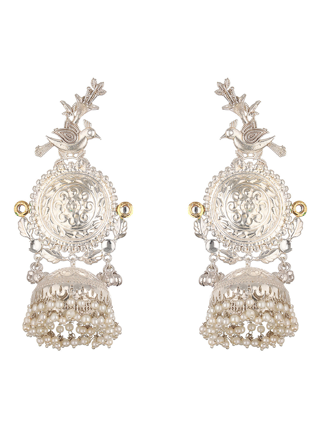 Silver Oxidised Kundan Studded Pearl Beaded Fusion Statement Light Weight Large Jhumka Earring