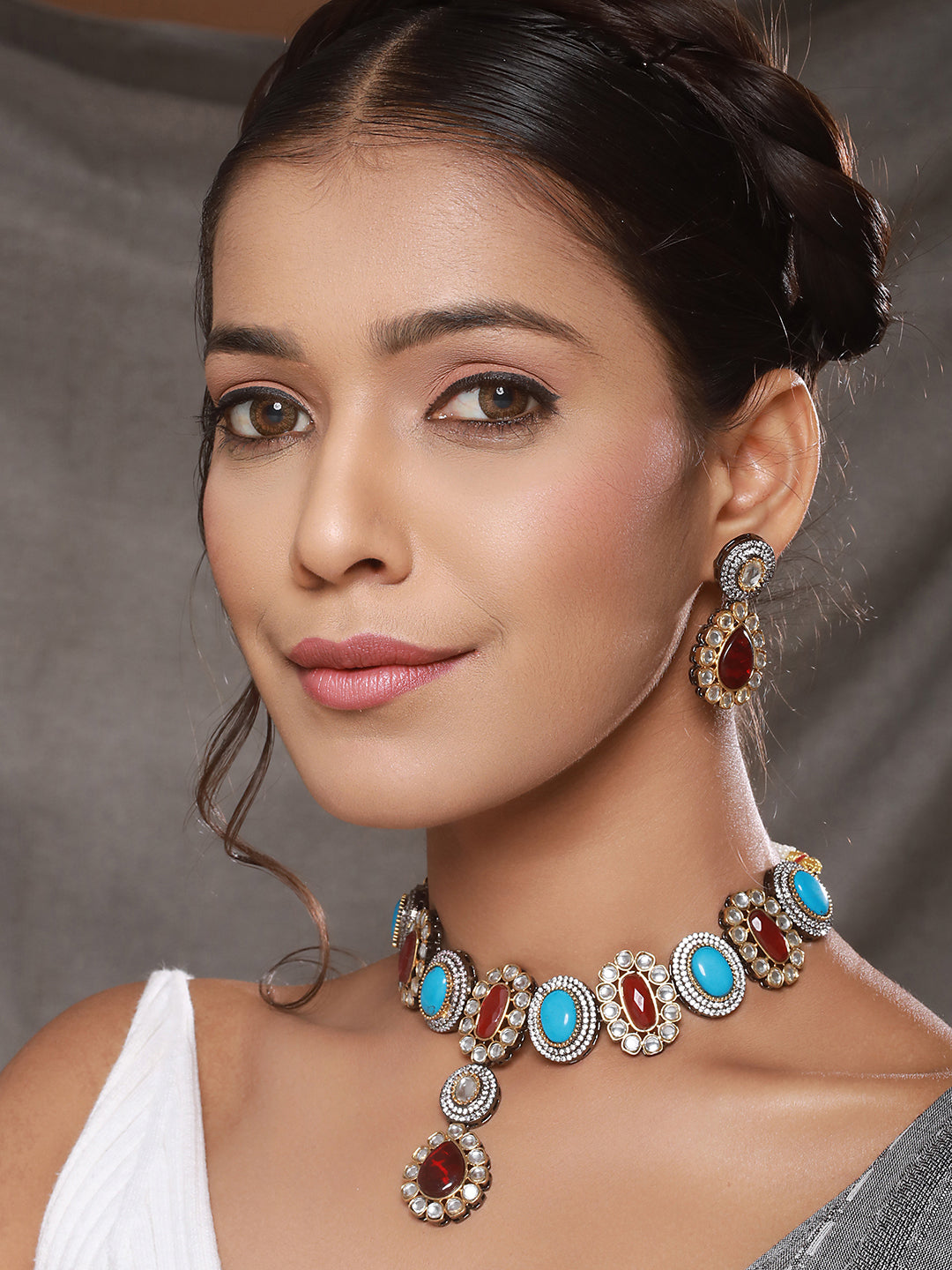 Victorian Polish Maroon & Turquoise Kundan Studded Floral Necklace Jewellery  Set