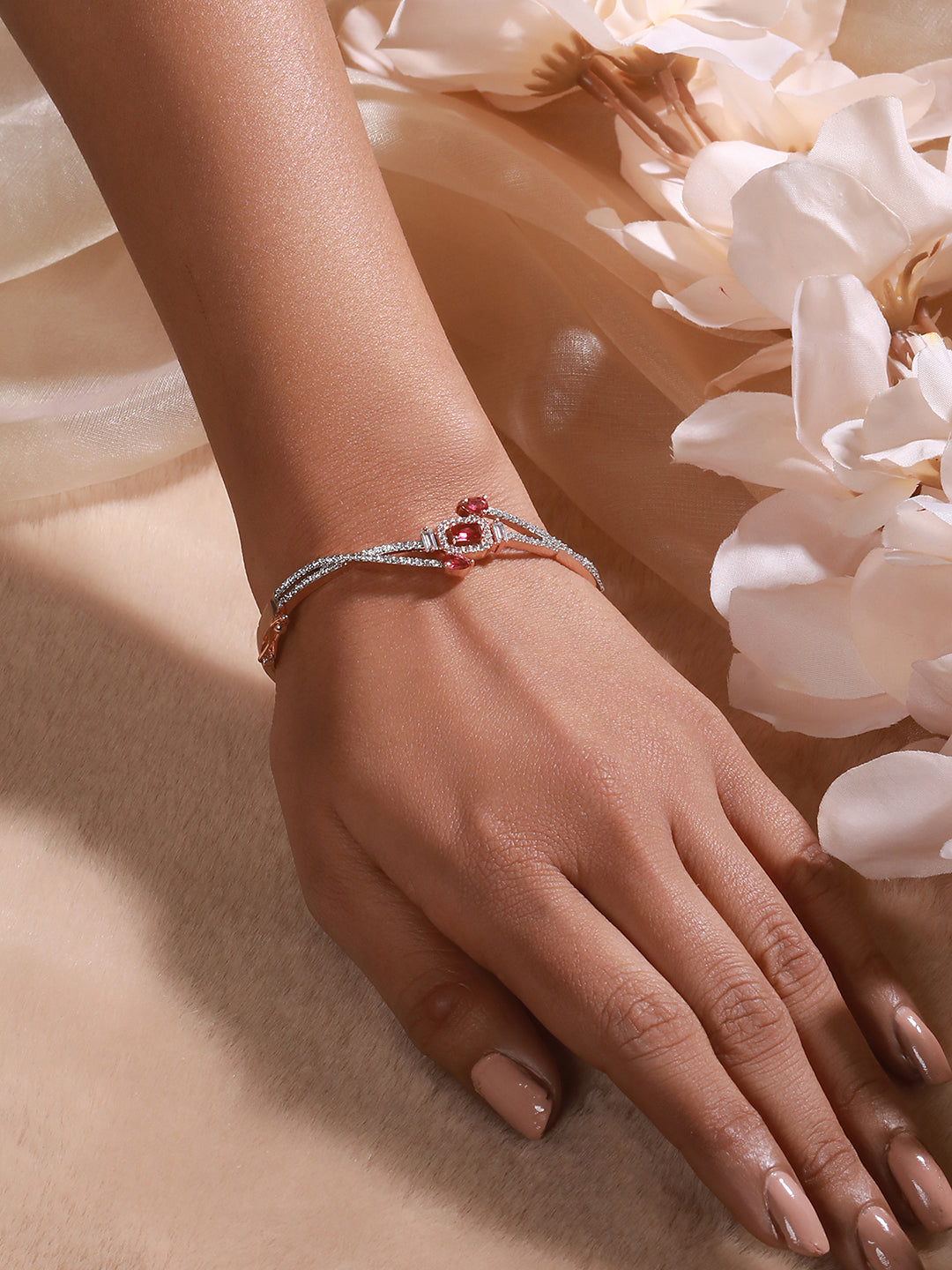 Rose Gold plated Red AD Studded Minimal Bangle Bracelet