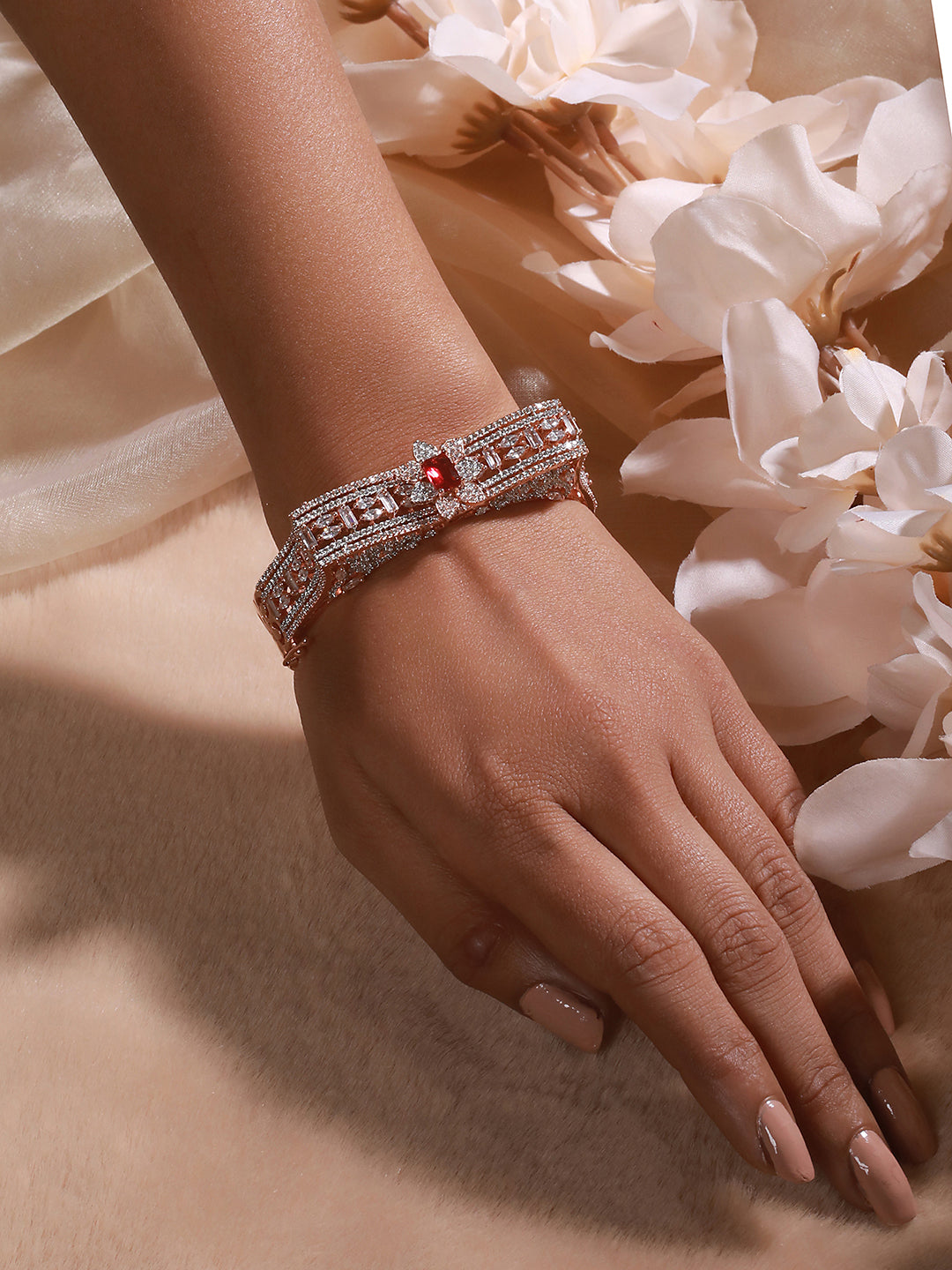 Rose Gold Toned Red AD Studded Designer Kada Bracelet