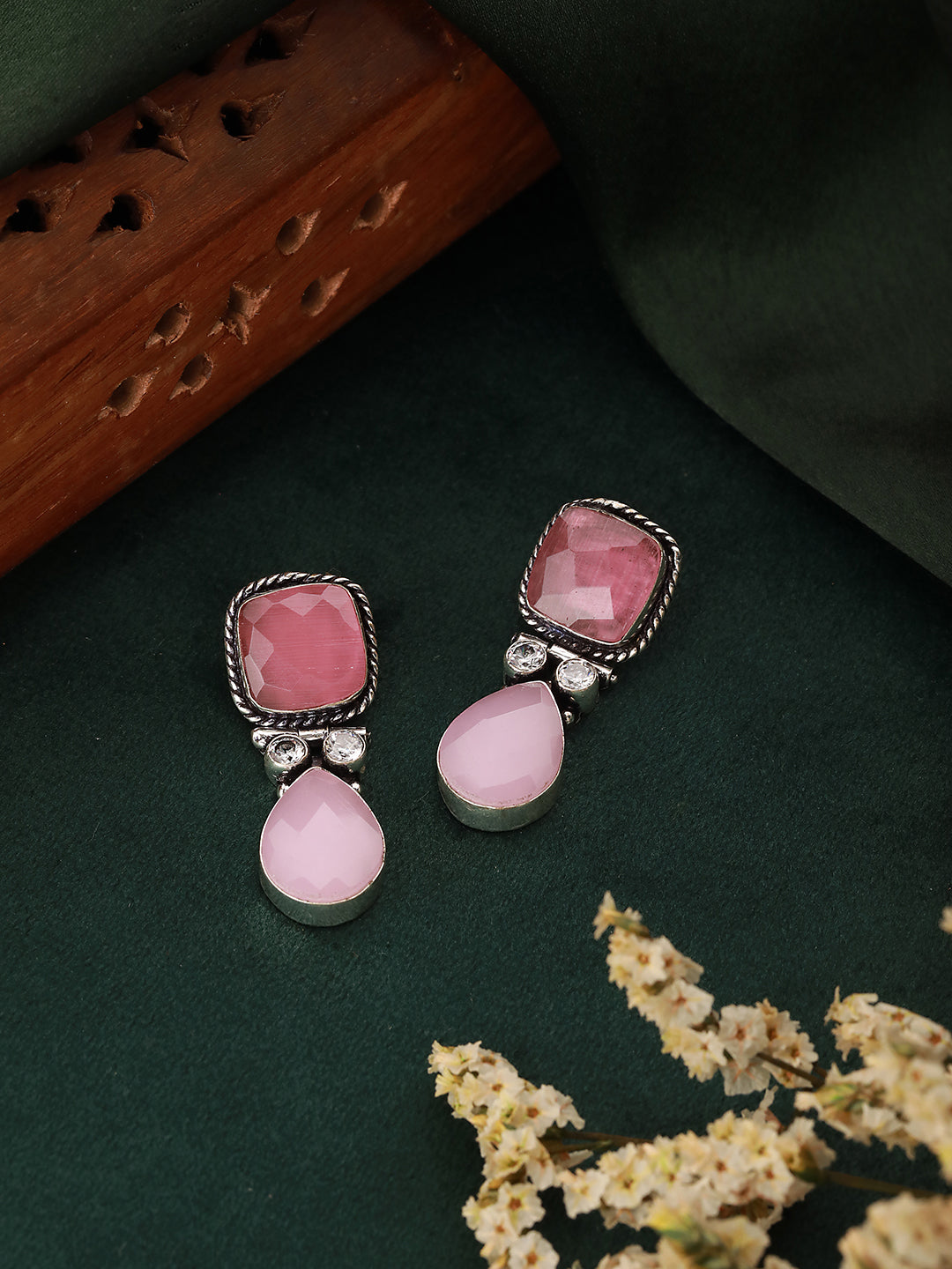 Silver Plated Pink Stone Statement Minimal Drop Earring