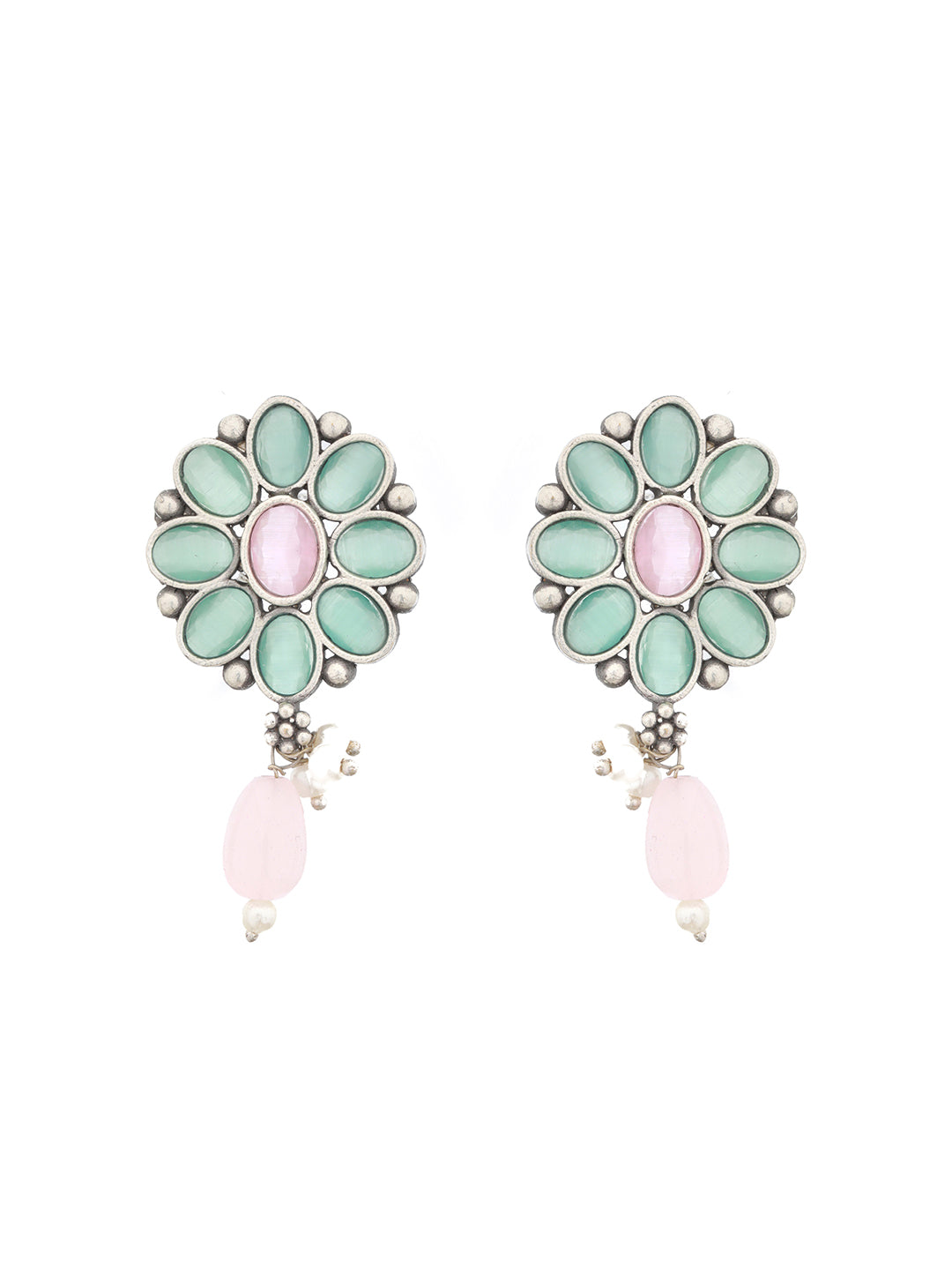 Oxidised Green Stone Studded & Pink Pearl beaded Pendant Jewellery  Set