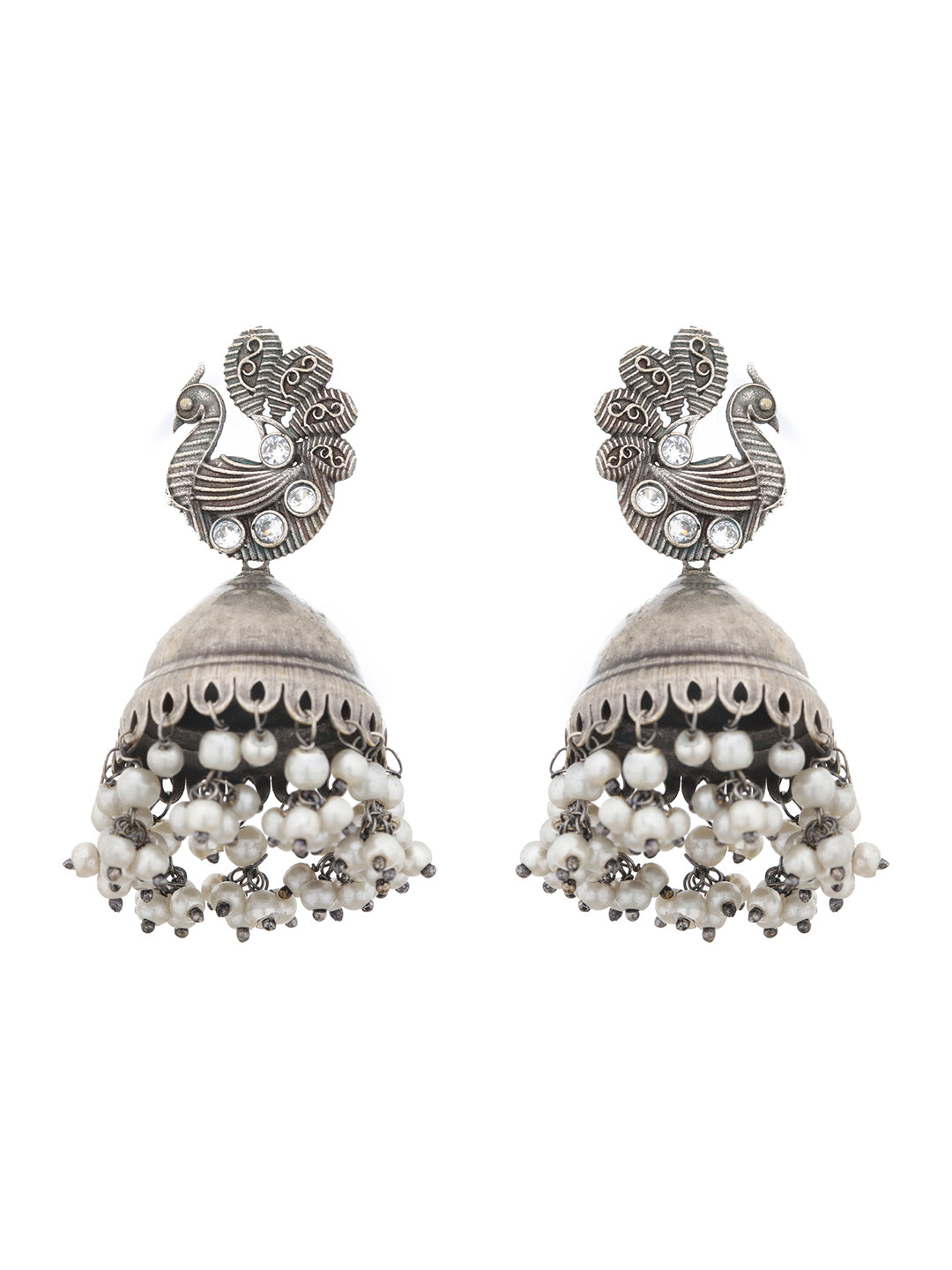 Silver Oxidised Kundan Studded & Pearl Beaded Fusion  Statement Jewellery Set