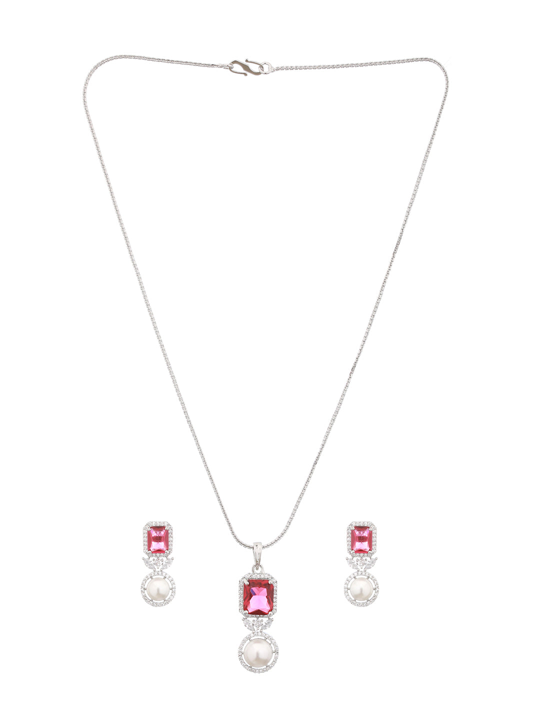 Silver Plated Red  CZ Studded Pearl Beaded Minimal Locket jewellery Set