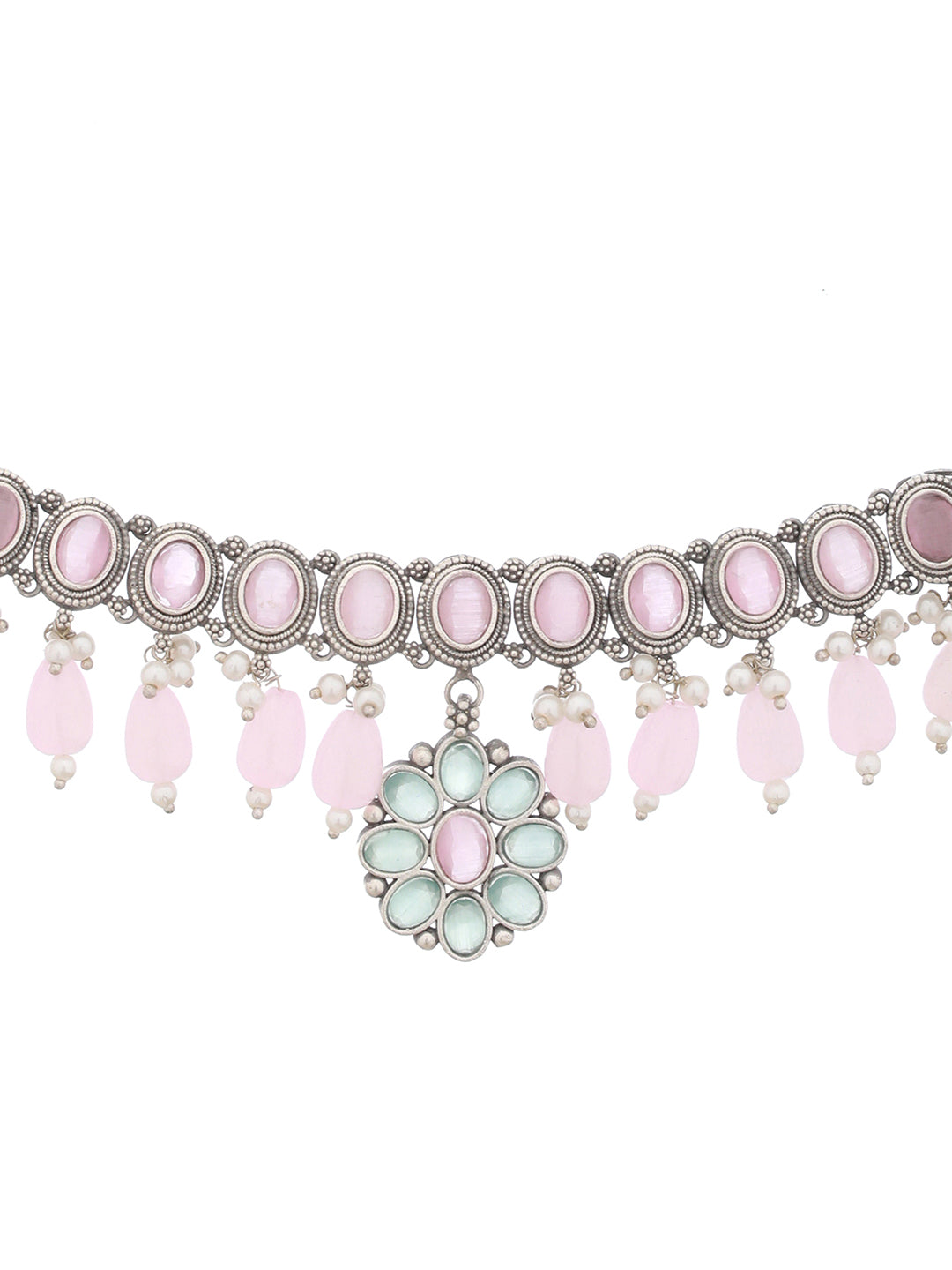 Oxidised Green Stone Studded & Pink Pearl beaded Pendant Jewellery  Set