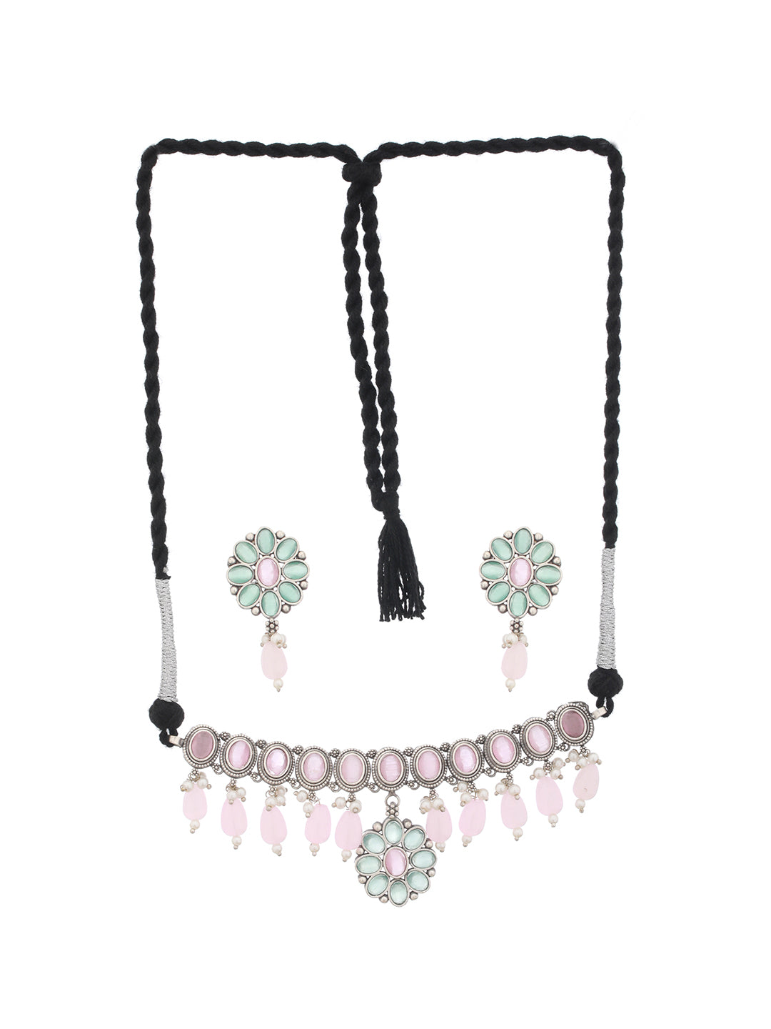 Oxidised Green Stone Studded & Pink Pearl beaded Pendant Jewellery  Set