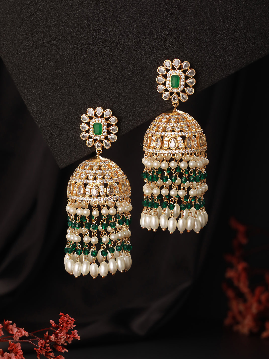 Gold Plated Green Zircon Pearl Beaded Contemporary Jhumka Earrings