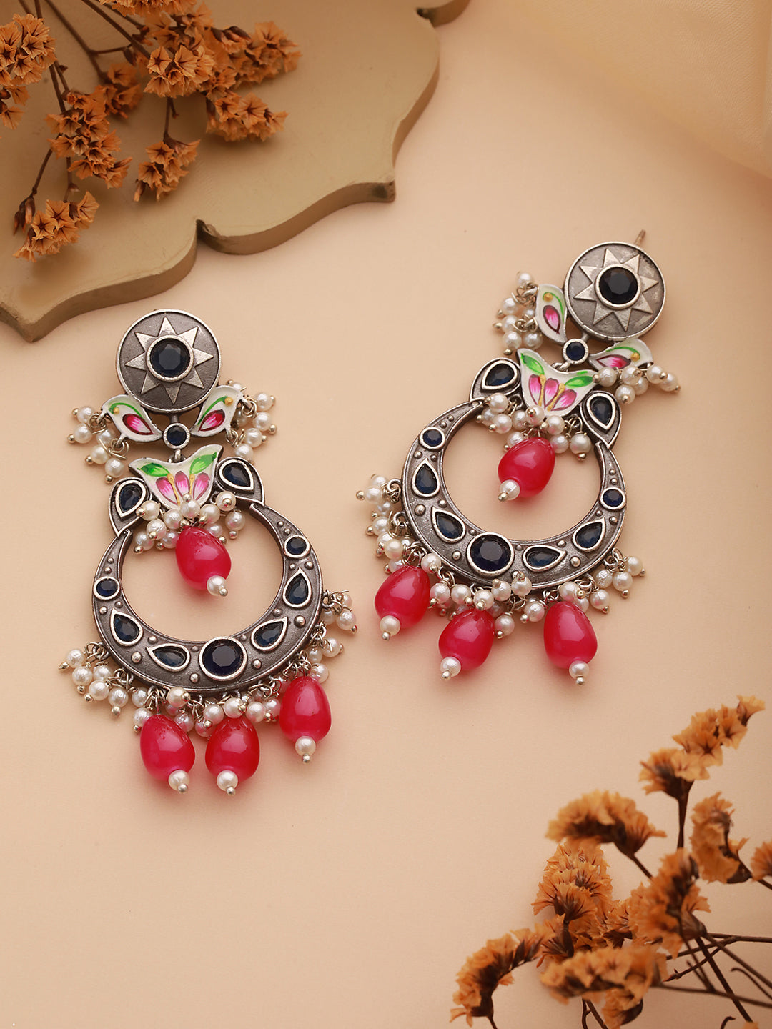 Silver Oxidised Pearl Beaded Hand Painted Crescent Chandbali  Earrings