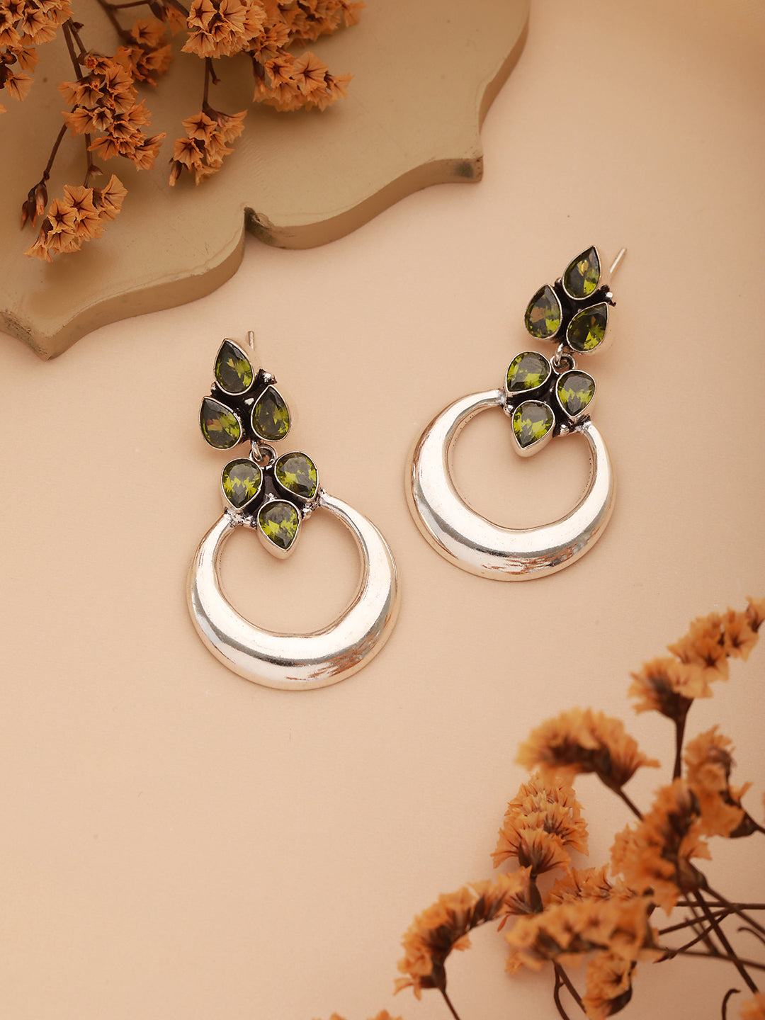 Silver Plated  Peridot Green Crystal  Handcrafted  Modern Chandelier  Designer Earring