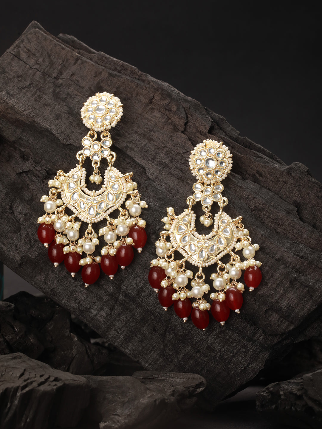 Gold Toned Kundan &  Maroon Pearl Beaded Delicate Floral Chandbali Earrings
