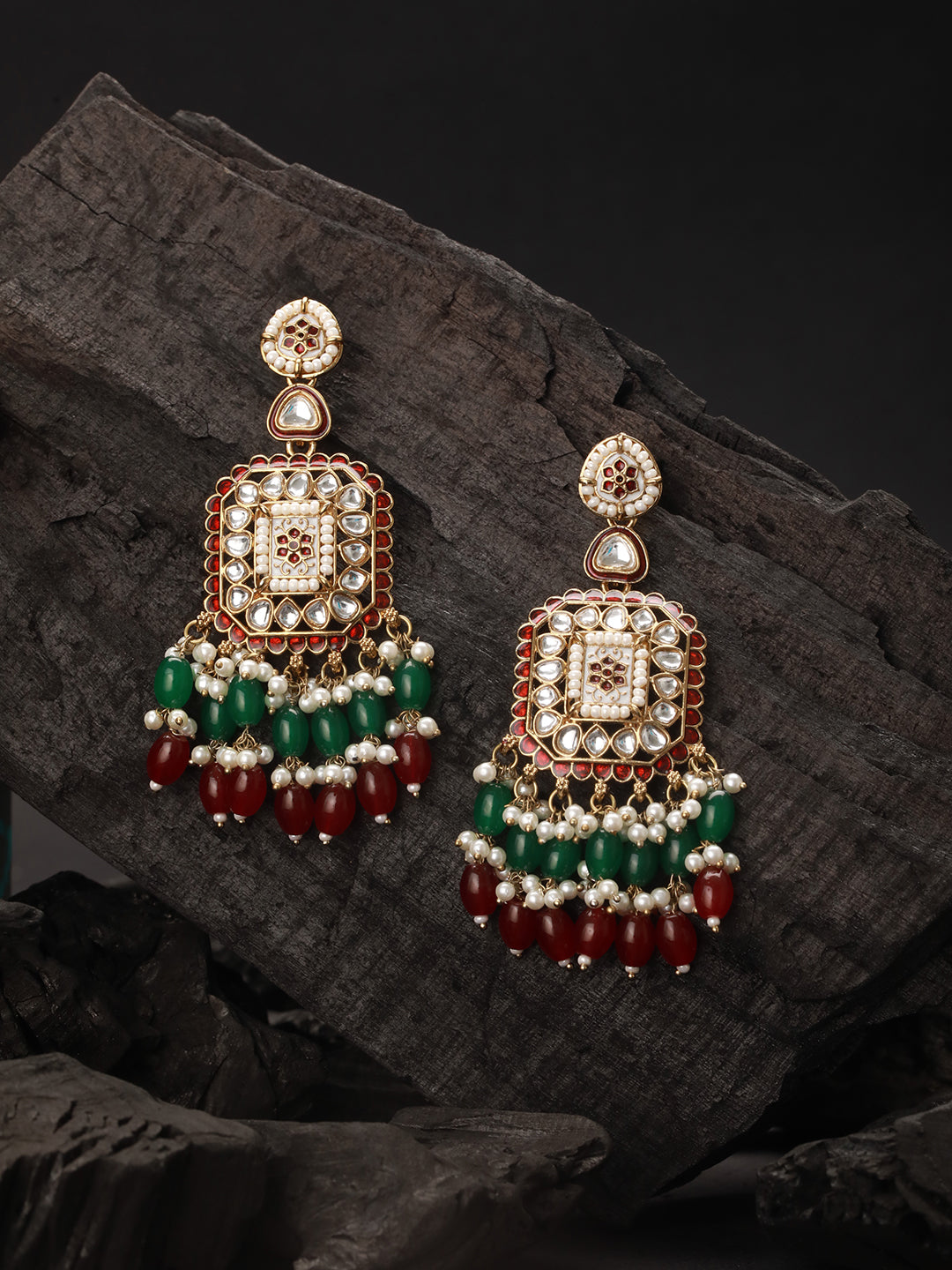Gold Toned Red  Kundan & Green Pearl Beaded Geometric Designer Dangler Chandbali earrings