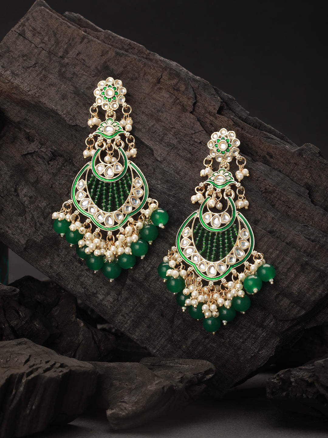 Gold Toned Kundan & Emerald Green Pearl Beaded Handcrafted Chandbali Earrings