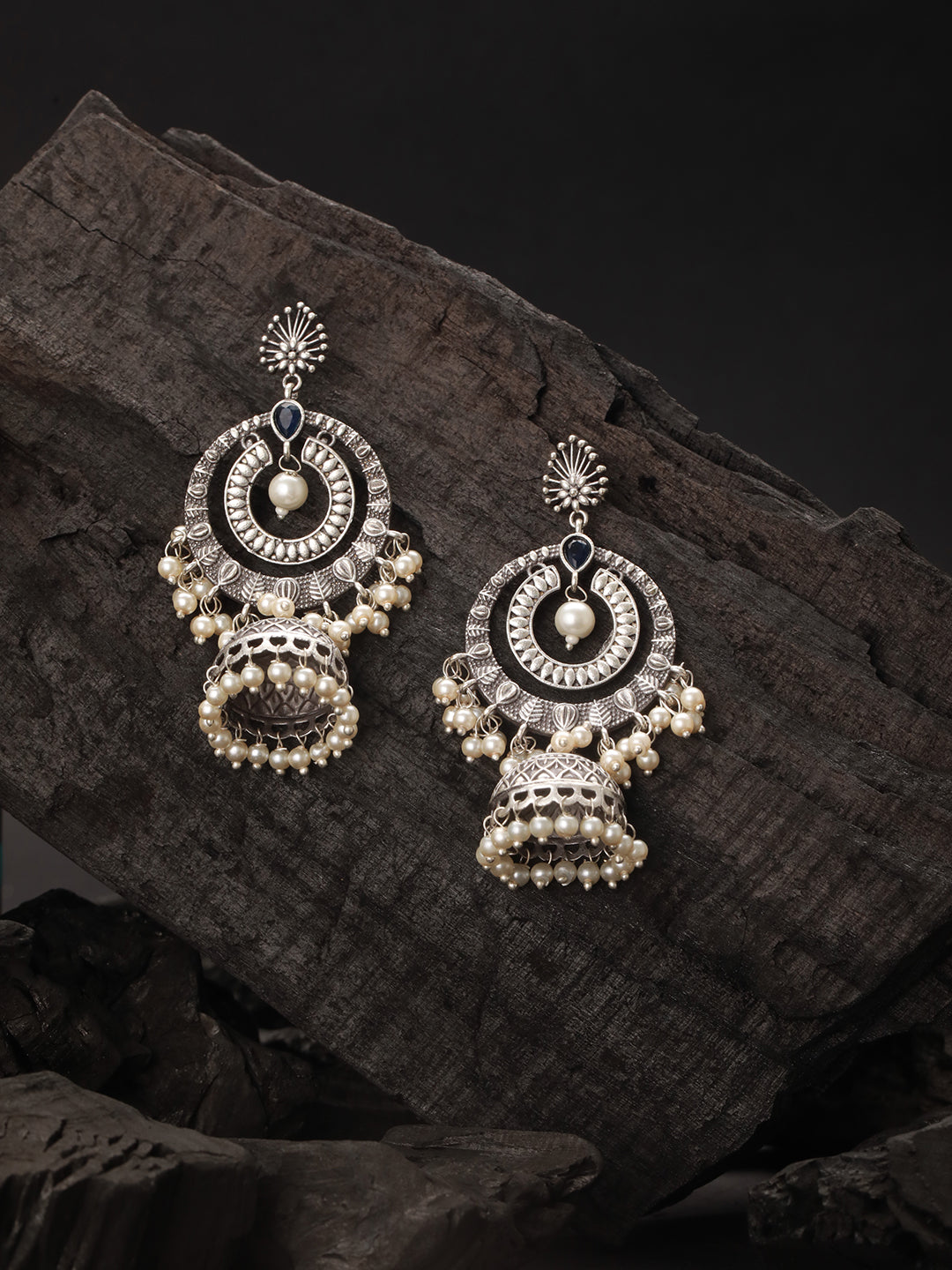 Silver Toned Oxidised Blue AD Studded Handcrafted Contemporary Chandbali Jhumkas Earrings