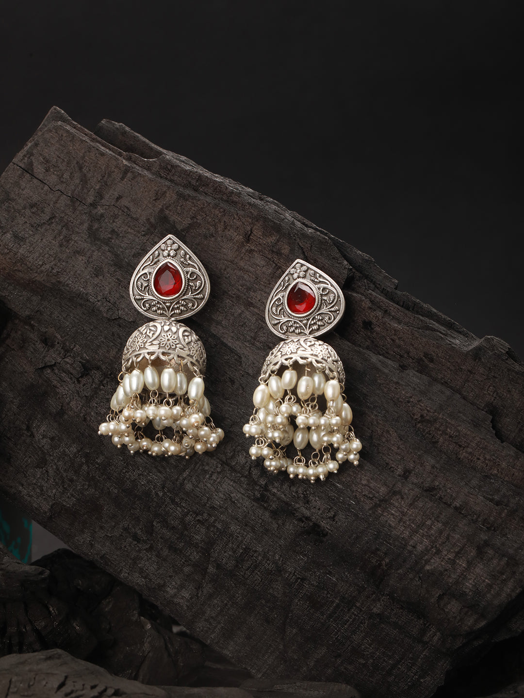 Silver Toned Oxidised Red Ruby AD Studded Handcrafted Contemporary Jhumkas Earrings