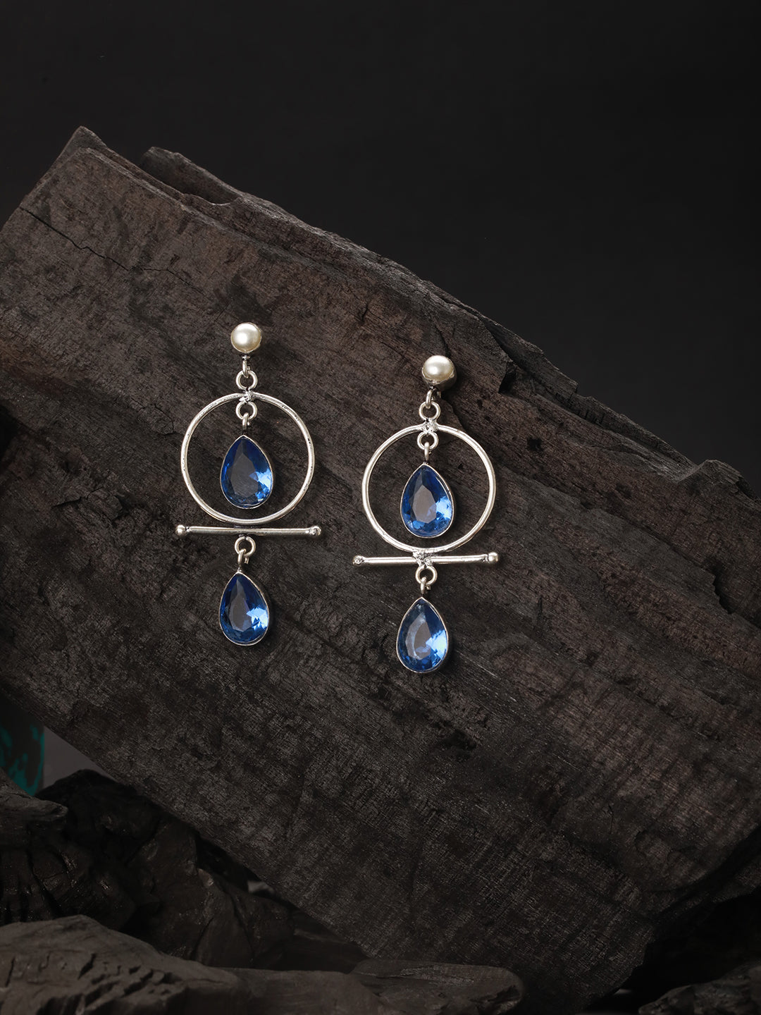 Silver Oxidised Plted Blue Stone AD Minimal  T-Shaped Hoop Earrings