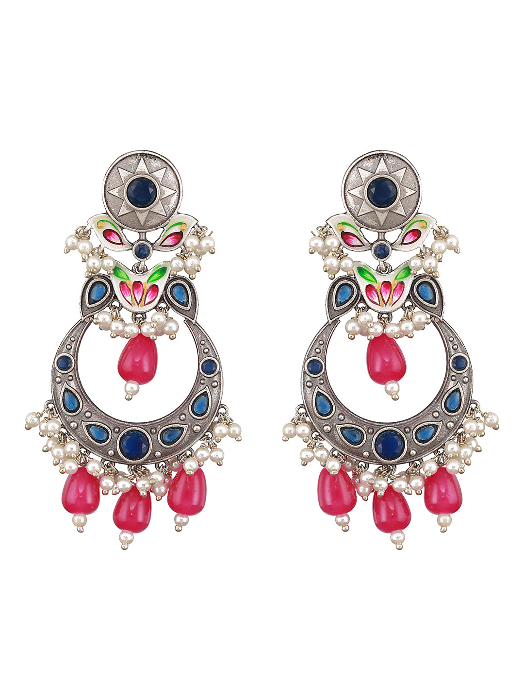 Silver Oxidised Pearl Beaded Hand Painted Crescent Chandbali  Earrings